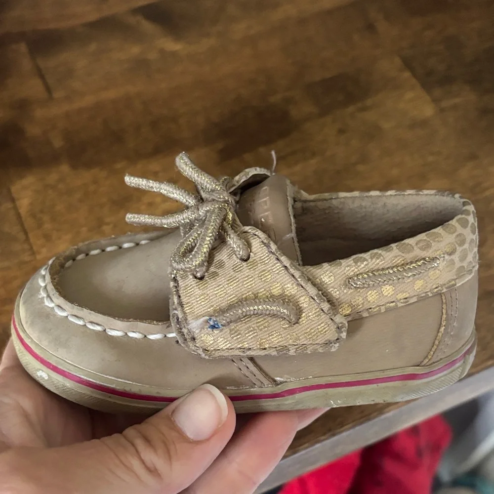 Used Sperry Kids Tan Slip-On Moccasins with Red Insole Accents